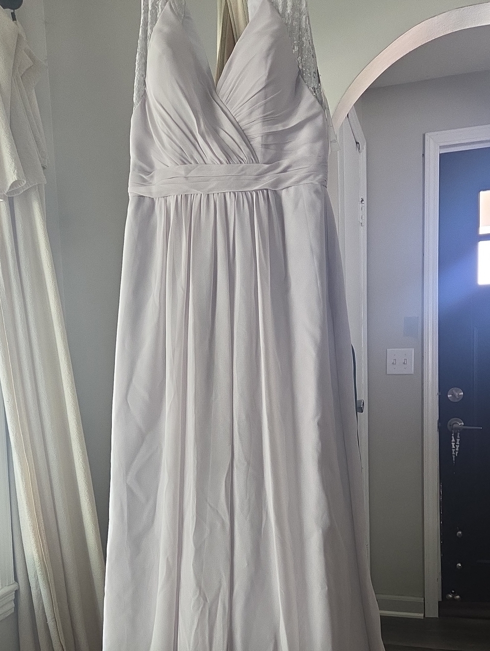 Bari Jay Pale Gray Lace-Shoulder V-Neck Bridal Gown